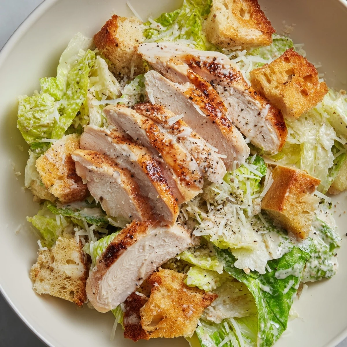 Grilled chicken Caesar salad brimming with golden croutons and creamy dressing, ready to enjoy.