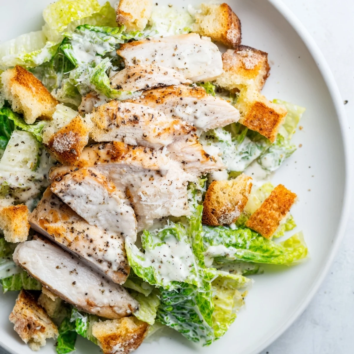 A vibrant photo of a Chicken Caesar Salad with visible grilled chicken, fresh romaine, and Parmesan cheese.
