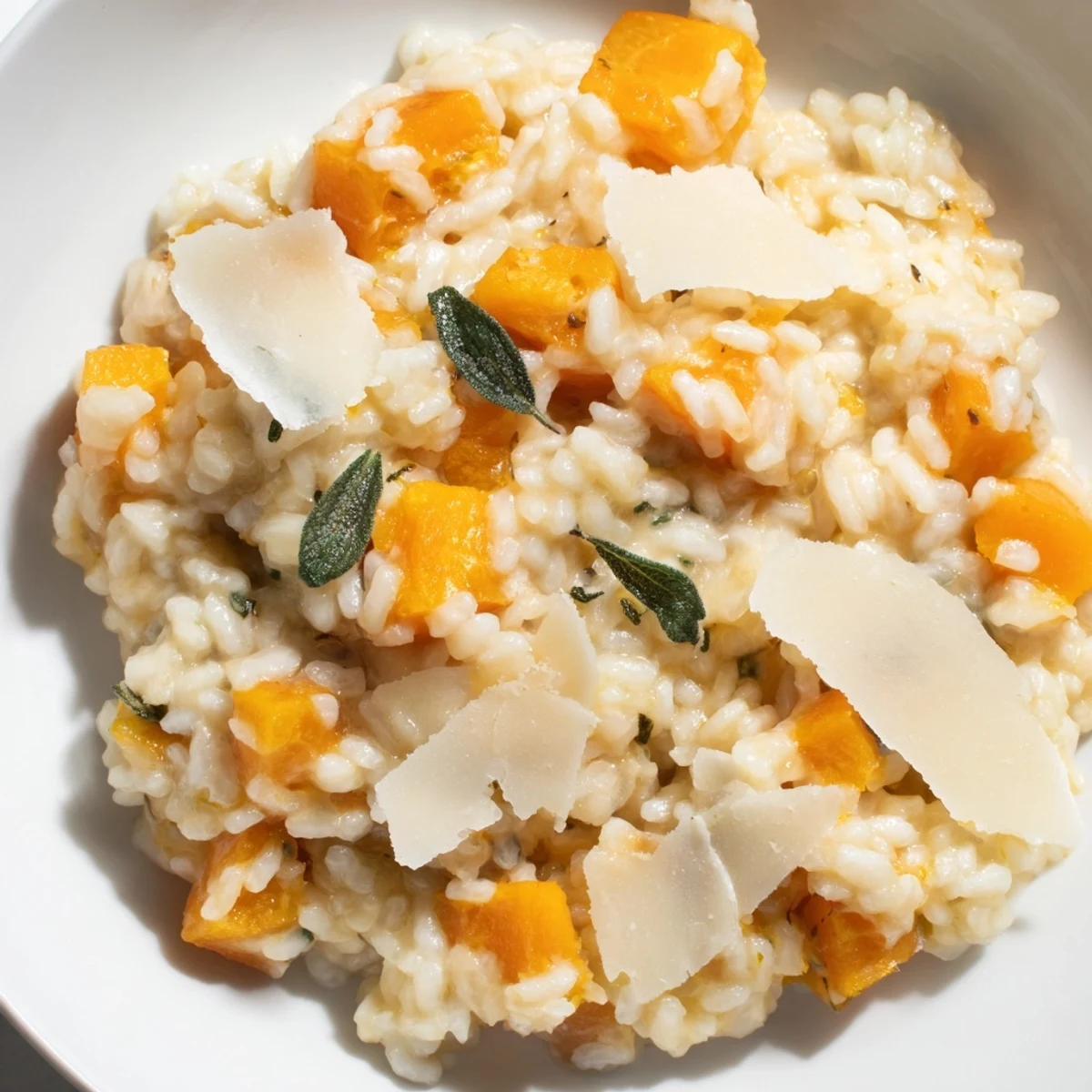 Close-up of winter squash risotto, garnished with fresh sage and Parmesan shavings—delicious!