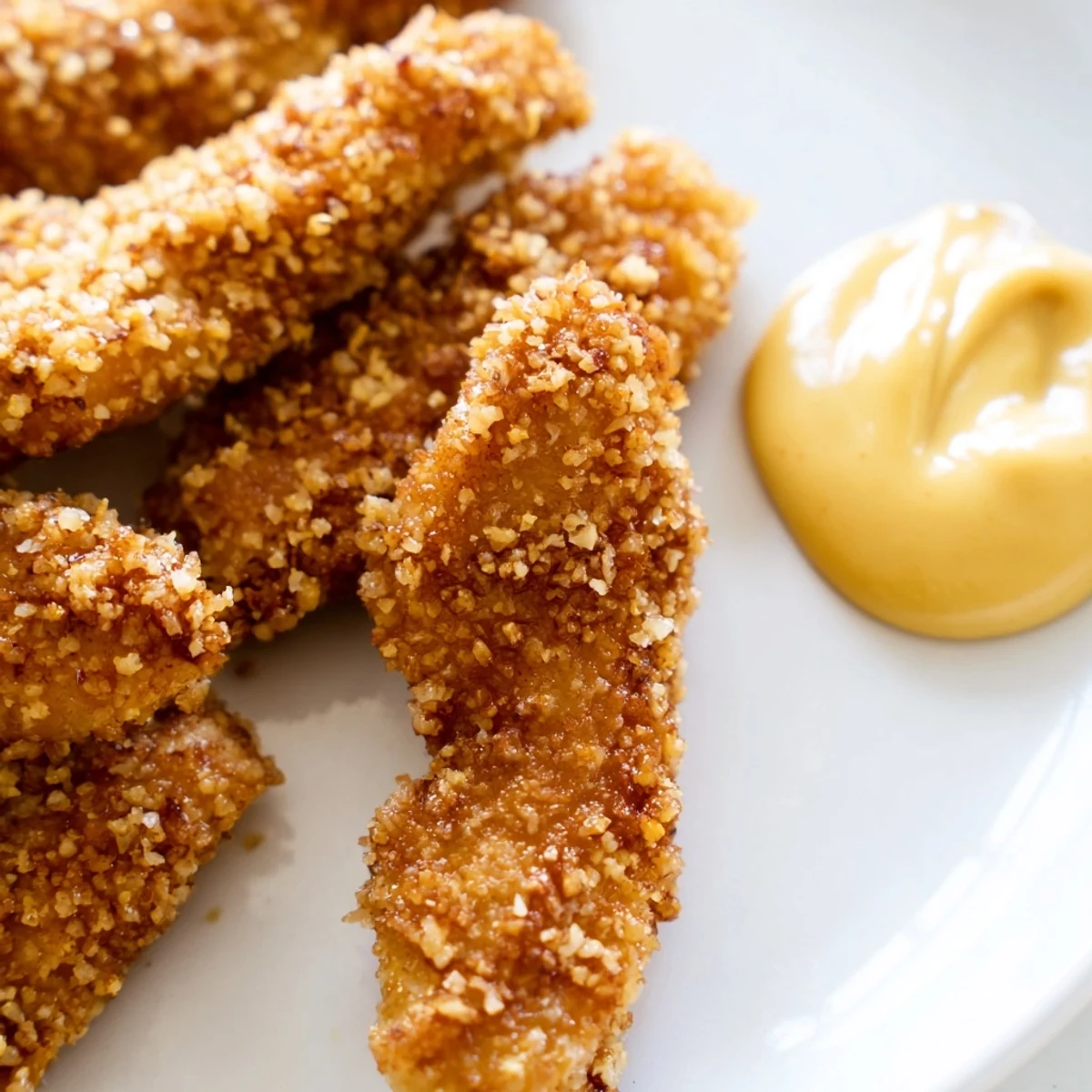 Golden-brown crispy baked chicken tenders, perfectly crusted and ready to dip in honey mustard.