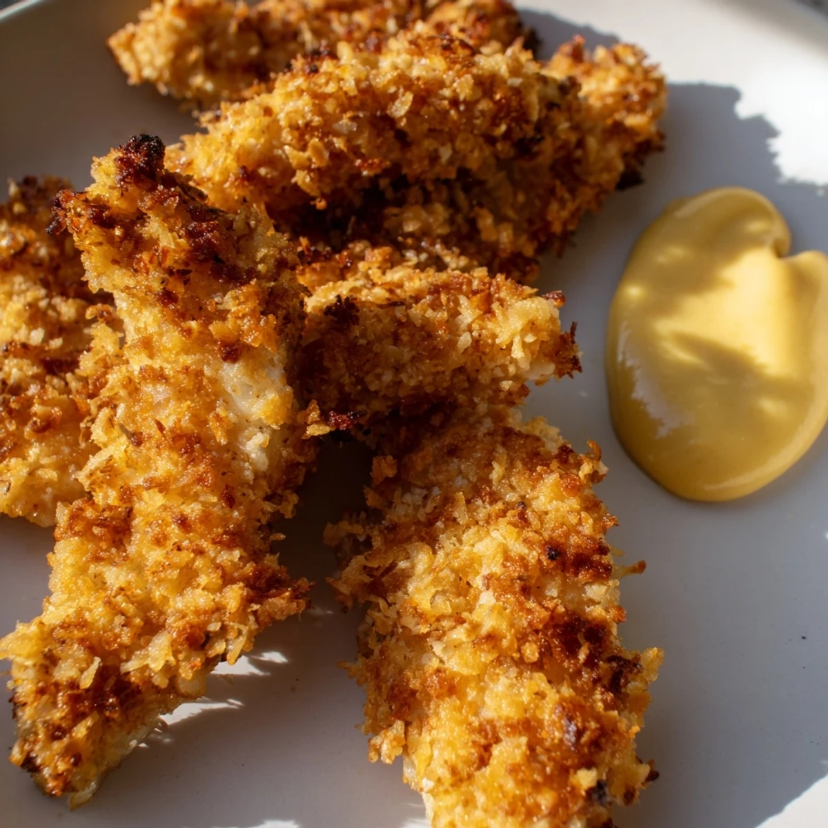 A plate of crispy baked chicken tenders with a side of creamy, tangy honey mustard sauce.