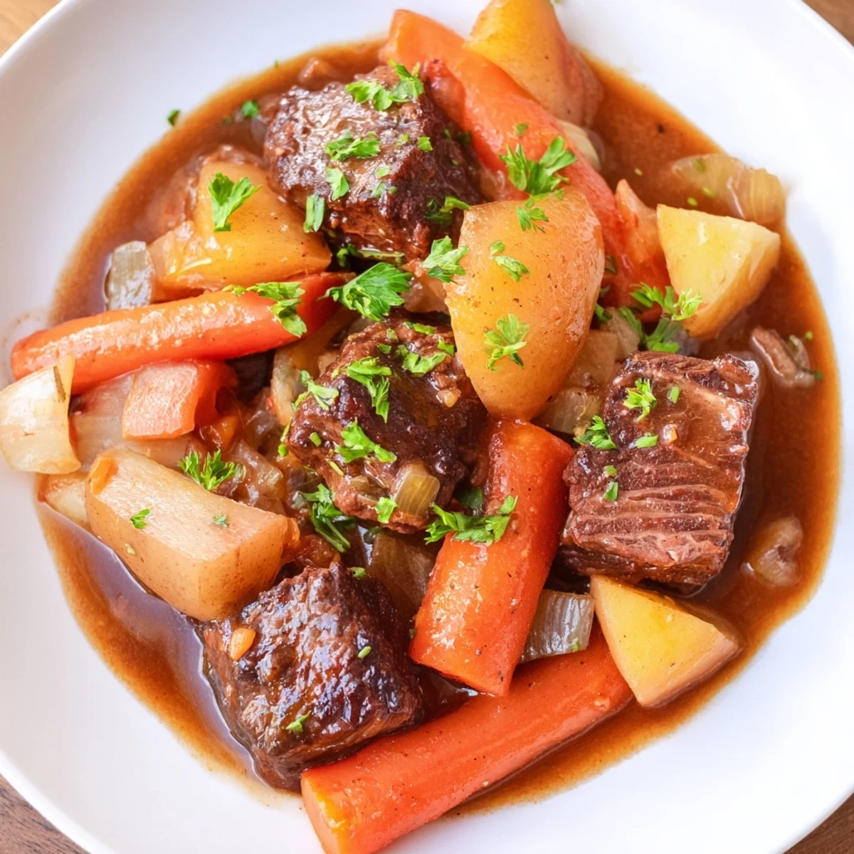 Close-up of slow cooker beef stew, highlighting tender beef and vibrant root vegetables.