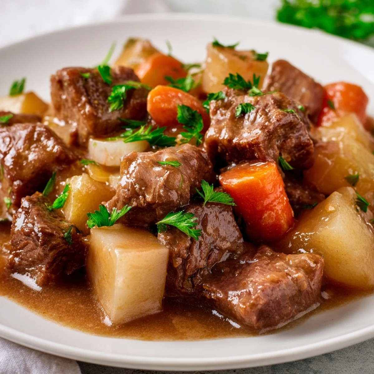 Steaming bowl of Slow Cooker Beef Stew showcasing its rich, deep brown, savory broth.