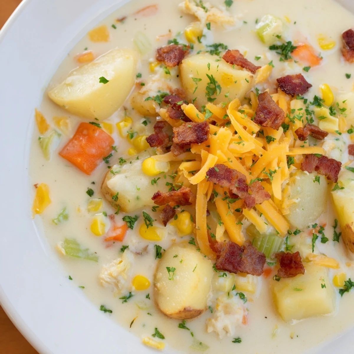 Close-up of golden creamy corn chowder with pieces of turkey bacon, inviting you to enjoy this soup.