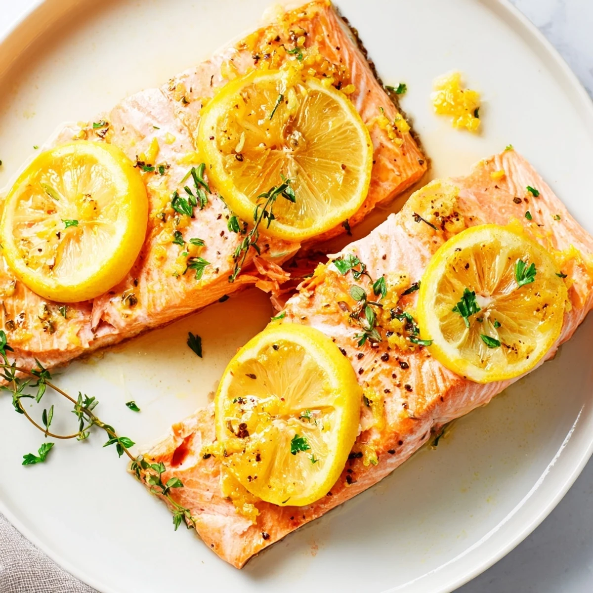 Flaky baked salmon with lemon, beautifully presented with golden, juicy lemon slices atop.