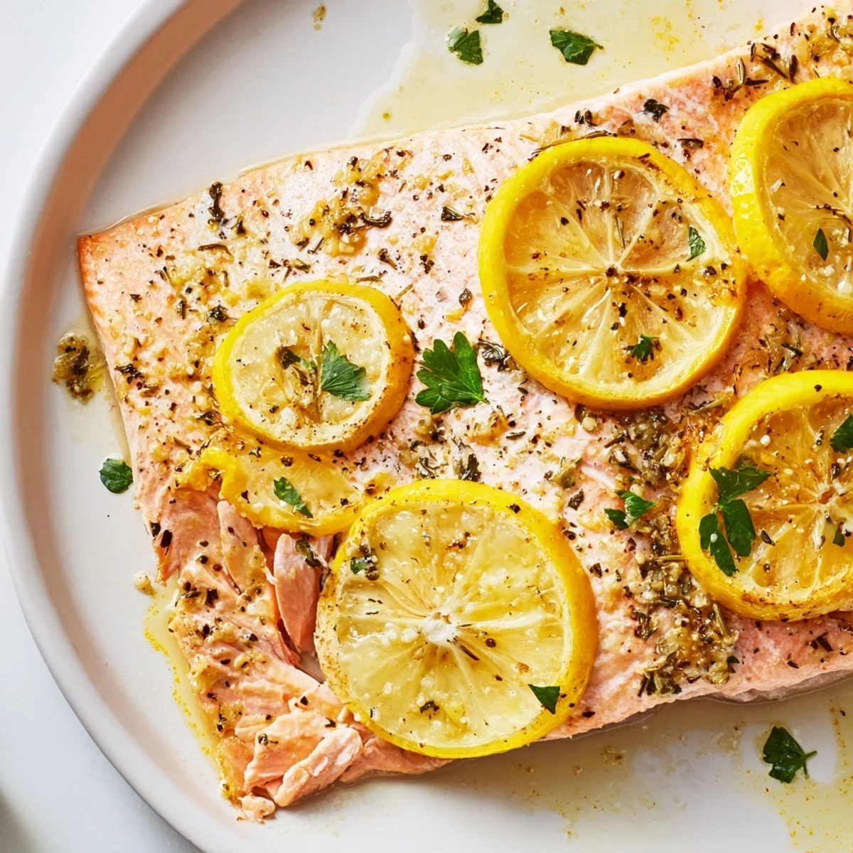 Golden-brown baked salmon with lemon, ready to be served, imagining tender bites immediately.