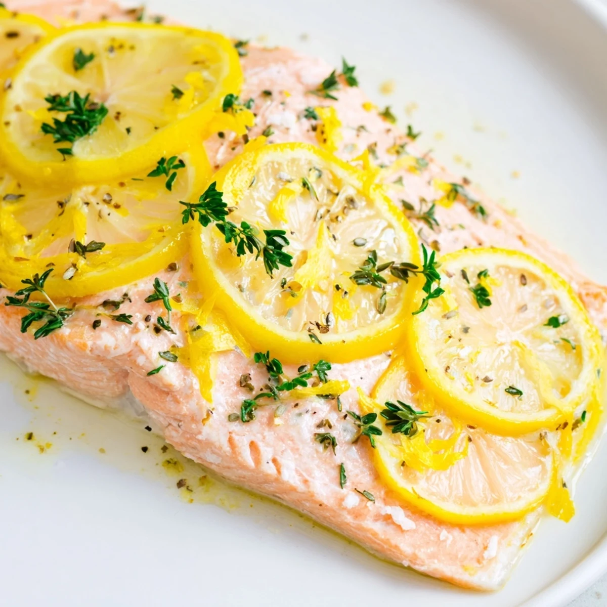 Delicious, simple American baked salmon with lemon, seasoned with herbs for a flavorful dinner idea.
