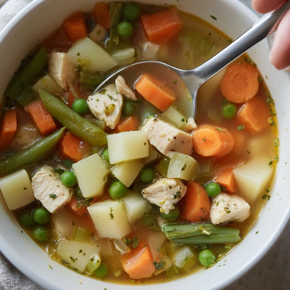 Enjoy a warm and aromatic bowl of homemade Chicken Vegetable Soup, perfect for a chilly evening with added crusty bread.
