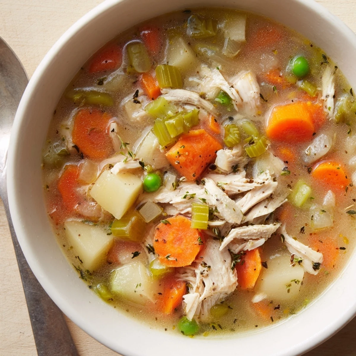 Steaming bowl of Chicken Vegetable Soup, showcasing chunky vegetables and tender chicken pieces for a wholesome dinner.
