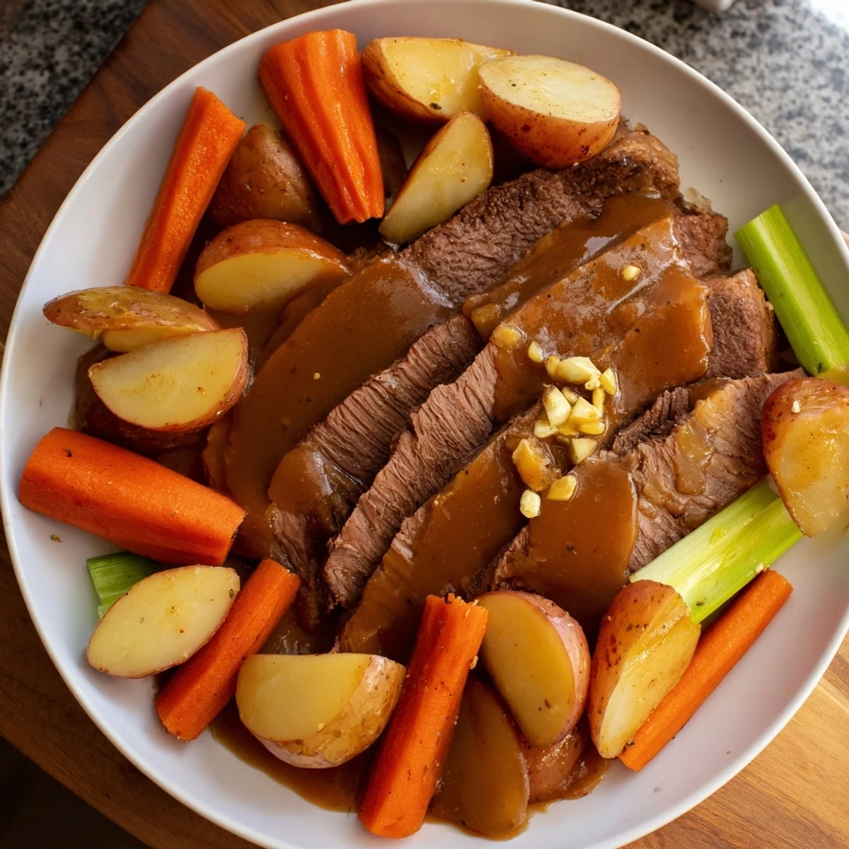 Tender Slow Cooker Pot Roast with vegetables, glistening in rich gravy, promises a hearty meal.