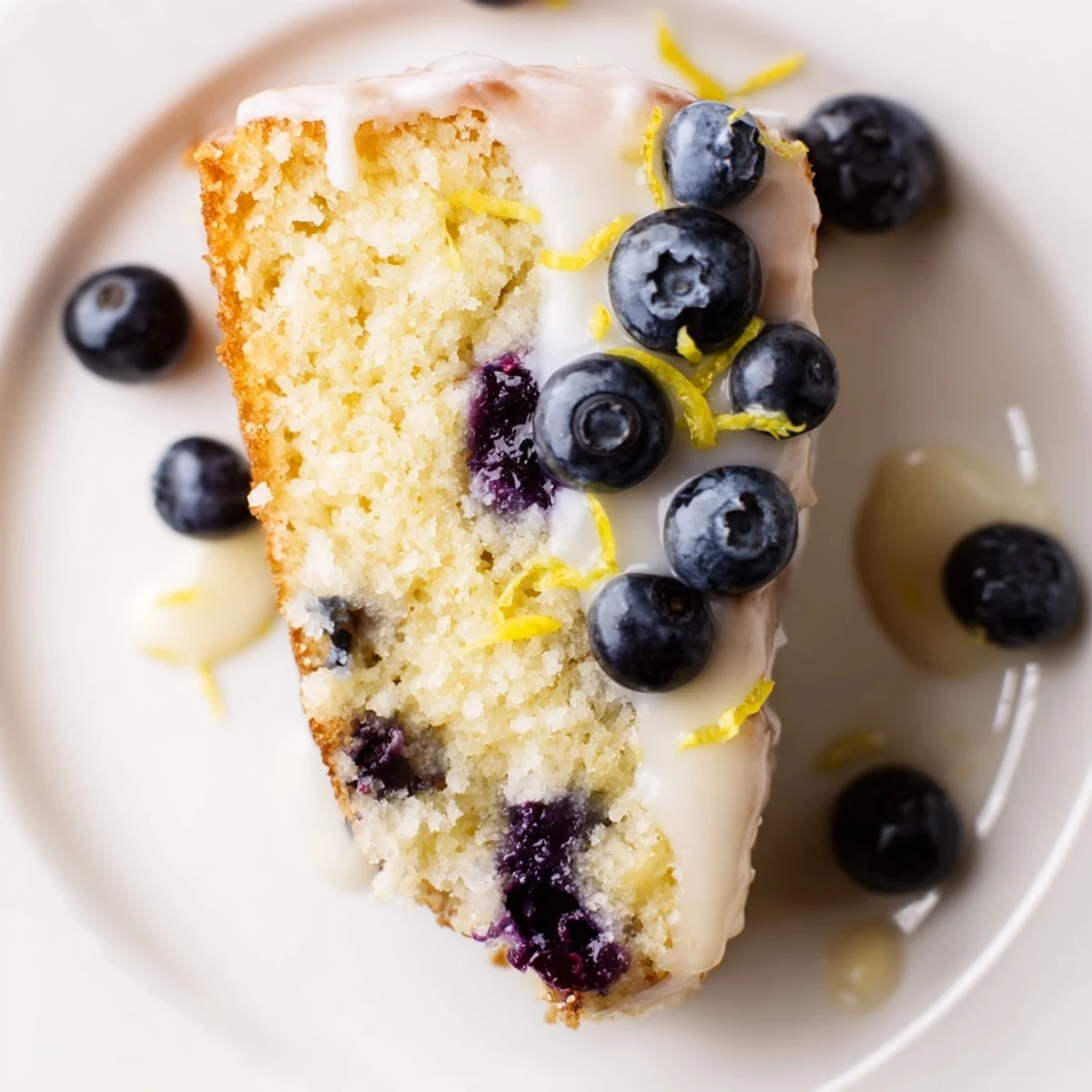 This delightful Lemon Blueberry Cake showcases a fluffy texture with visible blueberries and a sweet lemon glaze.