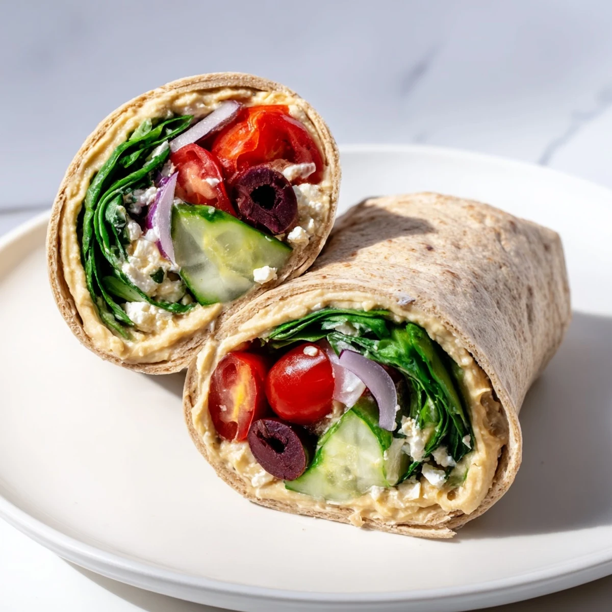 Mediterranean Wrap, bursting with colorful veggies and creamy hummus before rolling.