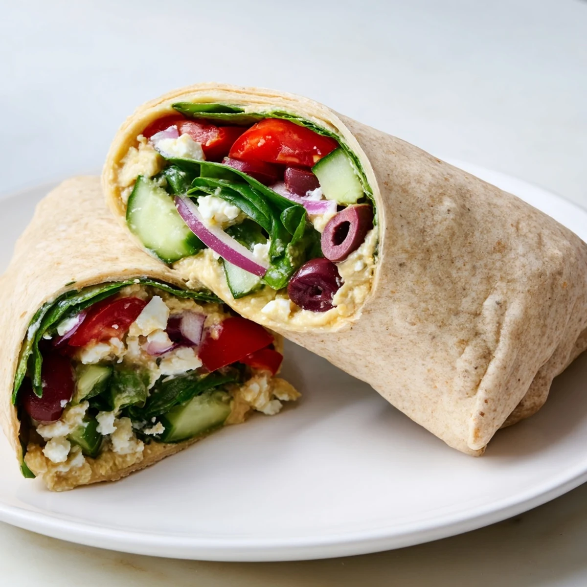 Freshly assembled Mediterranean Wrap, ready to eat, showing the flavorful fillings.