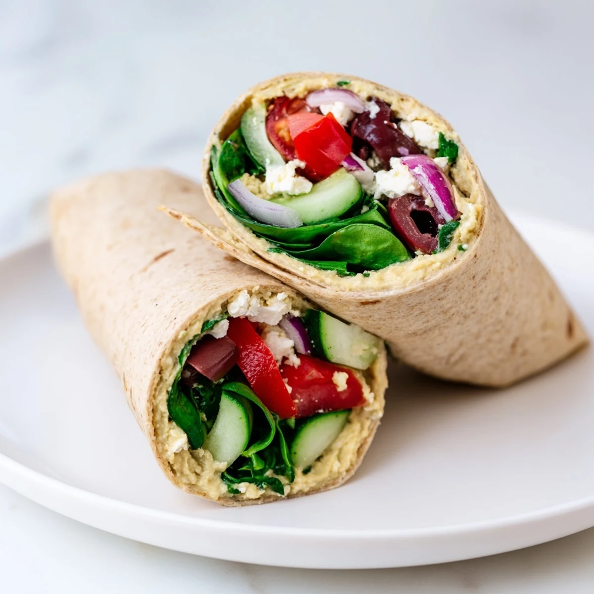 A close-up of a delicious Mediterranean Wrap with a drizzle, perfect for lunch.