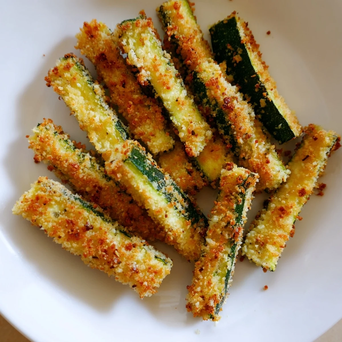 Enjoy these perfectly textured zucchini fries, coated in parmesan and spices, great for snacking!