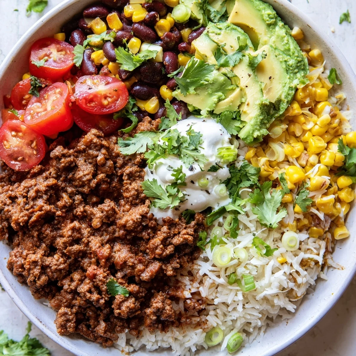 A hearty Beef Burrito Bowl, filled with seasoned ground beef and vibrant, colorful toppings.