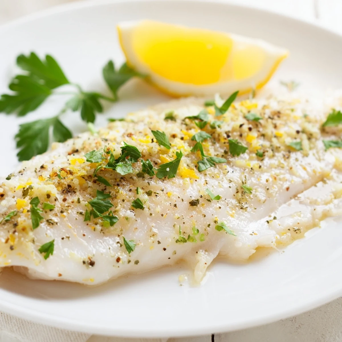 Golden-brown Baked Tilapia fillets, fragrant with lemon and herbs, ready to serve with a garnish.