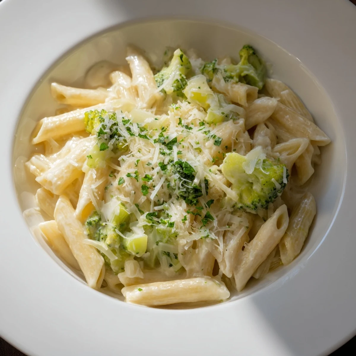 Enjoy a comforting plate of Creamy Broccoli Pasta, garnished with fresh parsley and extra Parmesan cheese.