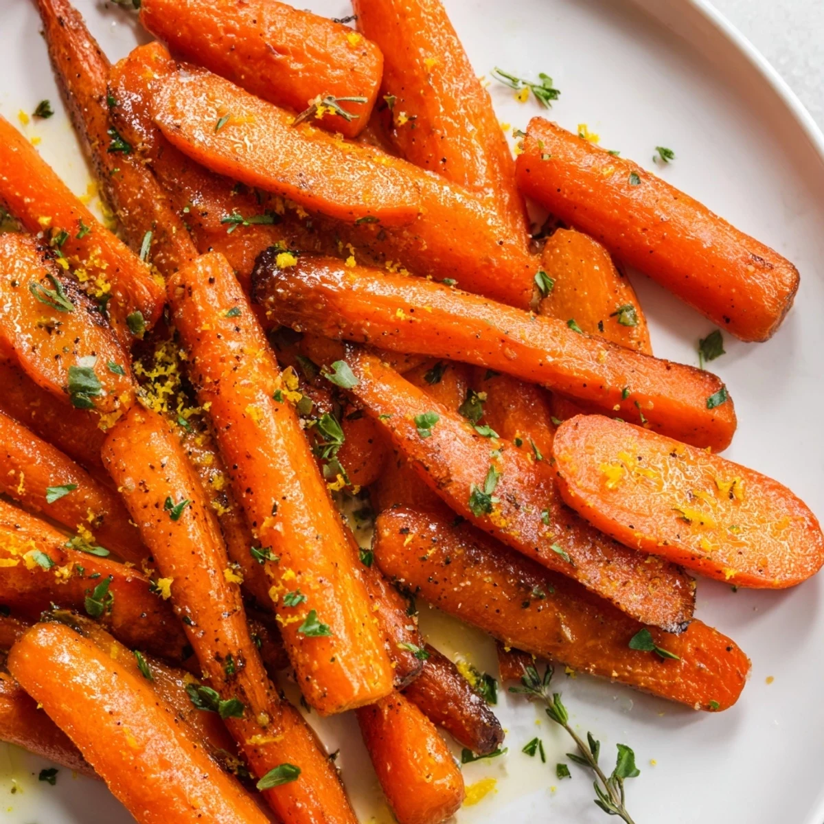 Hot, freshly baked roasted carrots with herbs, a simple vegetarian meal addition.