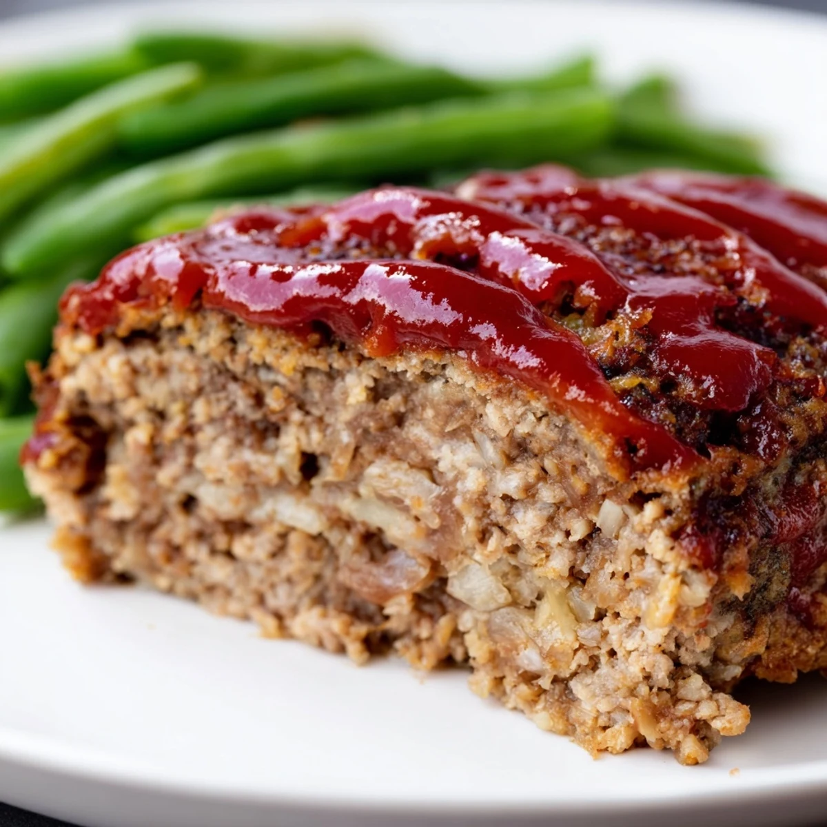 Golden-brown Turkey Meatloaf with Glaze and Green Beans rests sliced on a white platter, steam rising from the tender cuts.