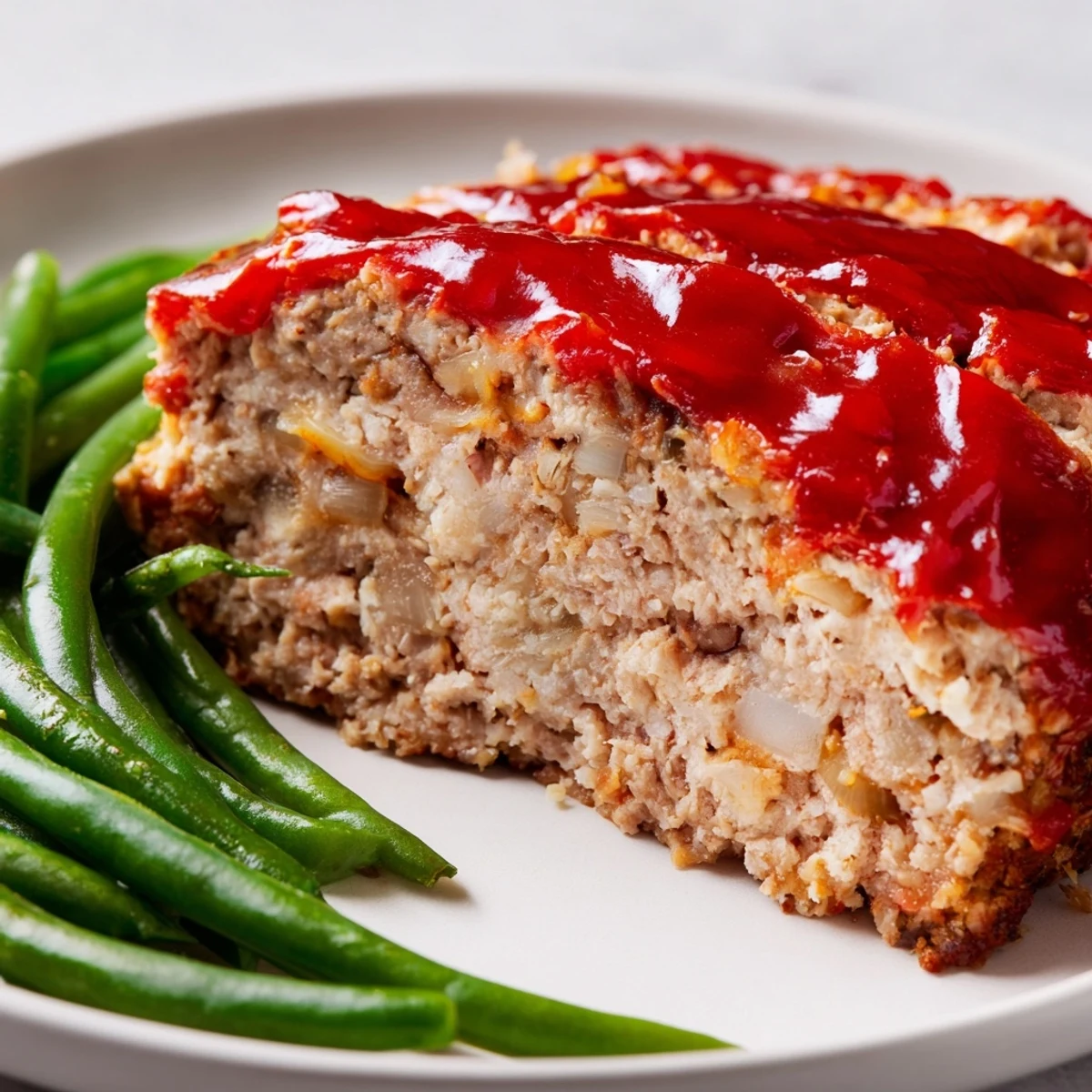 A close-up of juicy Turkey Meatloaf with Glaze and Green Beans, highlighting the caramelized topping and crisp-tender vegetable texture.