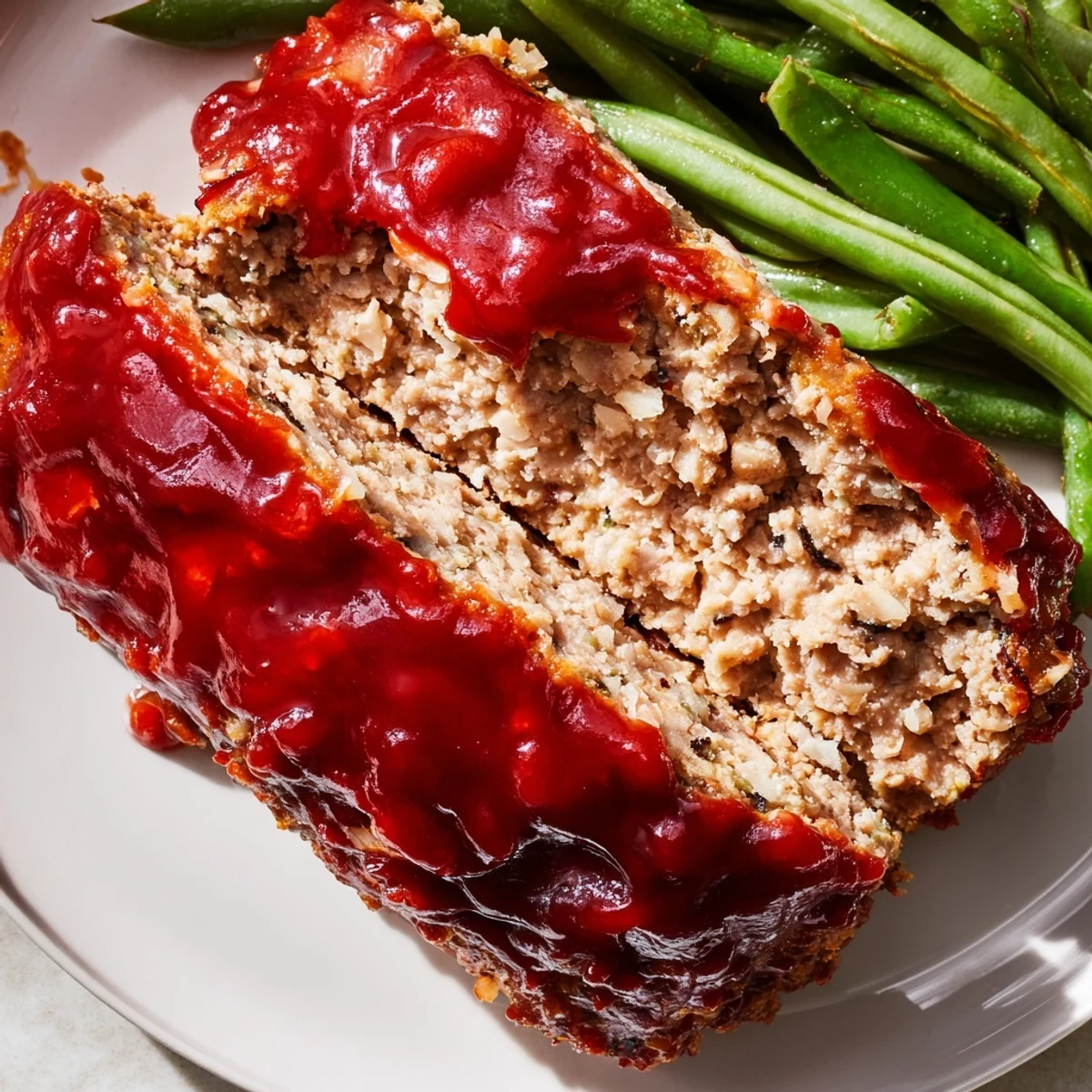 Savory Turkey Meatloaf with Glaze and Green Beans plated on a rustic wooden board, featuring a rich, glossy sauce.
