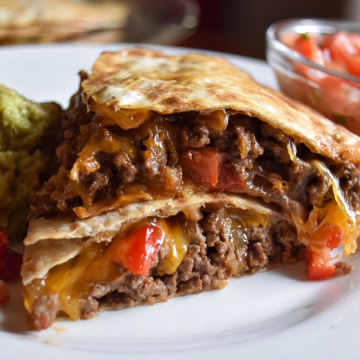 Golden-brown Beef Quesadillas with Salsa and Guacamole are sliced into wedges on a rustic wooden board.