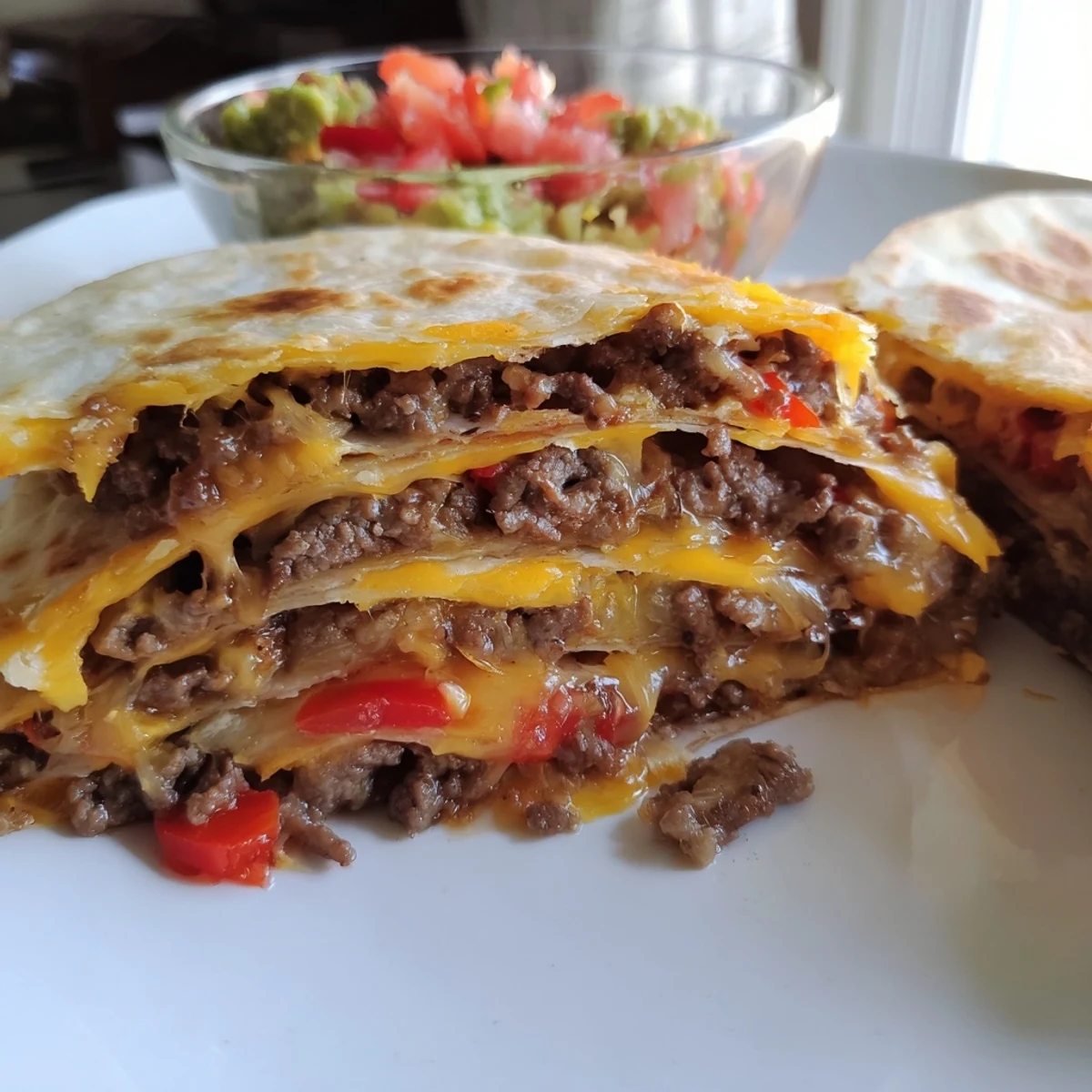 Melted Monterey Jack cheese drips from a warm Beef Quesadilla served with zesty salsa and guacamole.