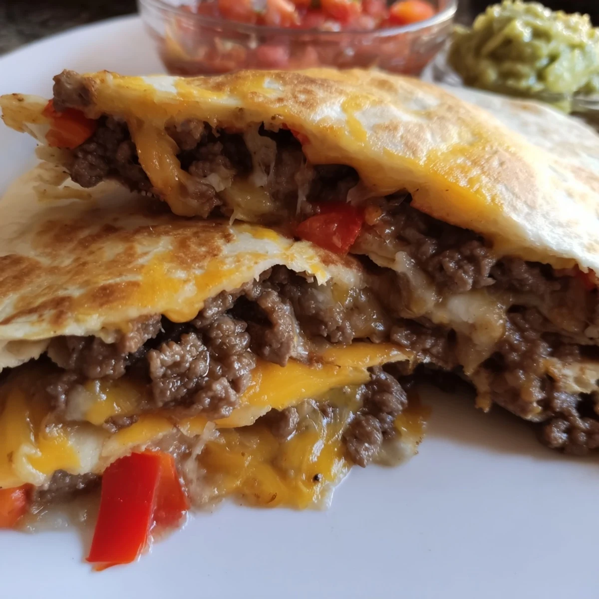 Crispy flour tortillas stuffed with spiced beef and melty cheddar, topped with fresh guacamole and salsa.