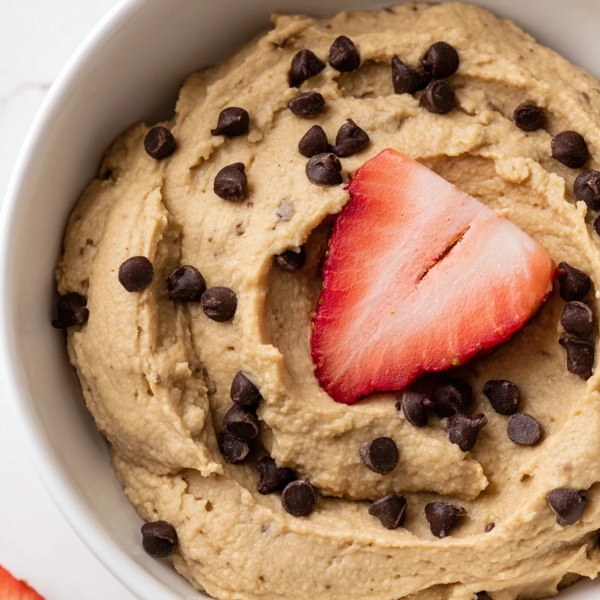 A bowl of creamy Chocolate Chip Cookie Dough Hummus surrounded by crisp apple slices and fresh strawberries.