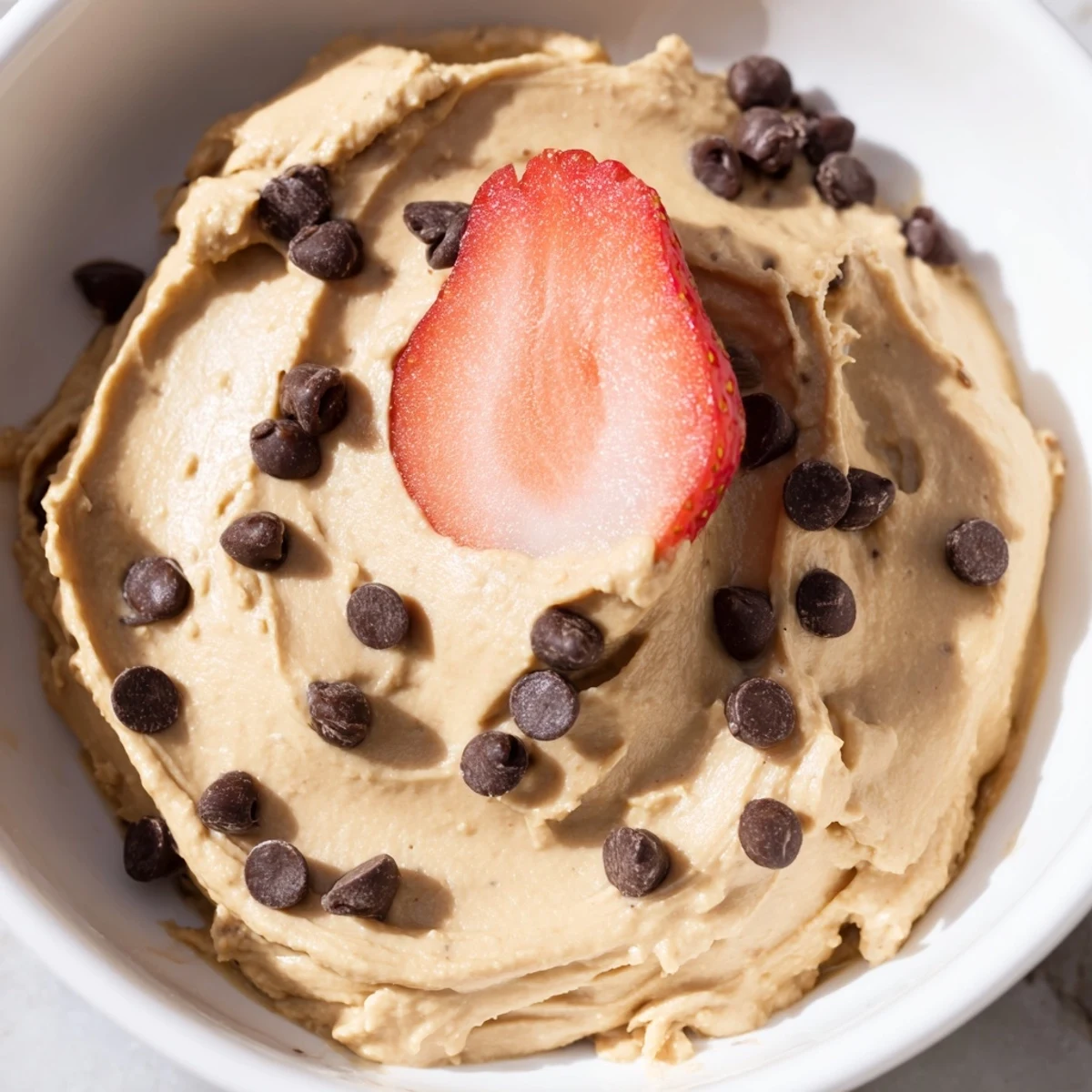 Smooth Chocolate Chip Cookie Dough Hummus scooped onto a green apple slice, showing chocolate chips.