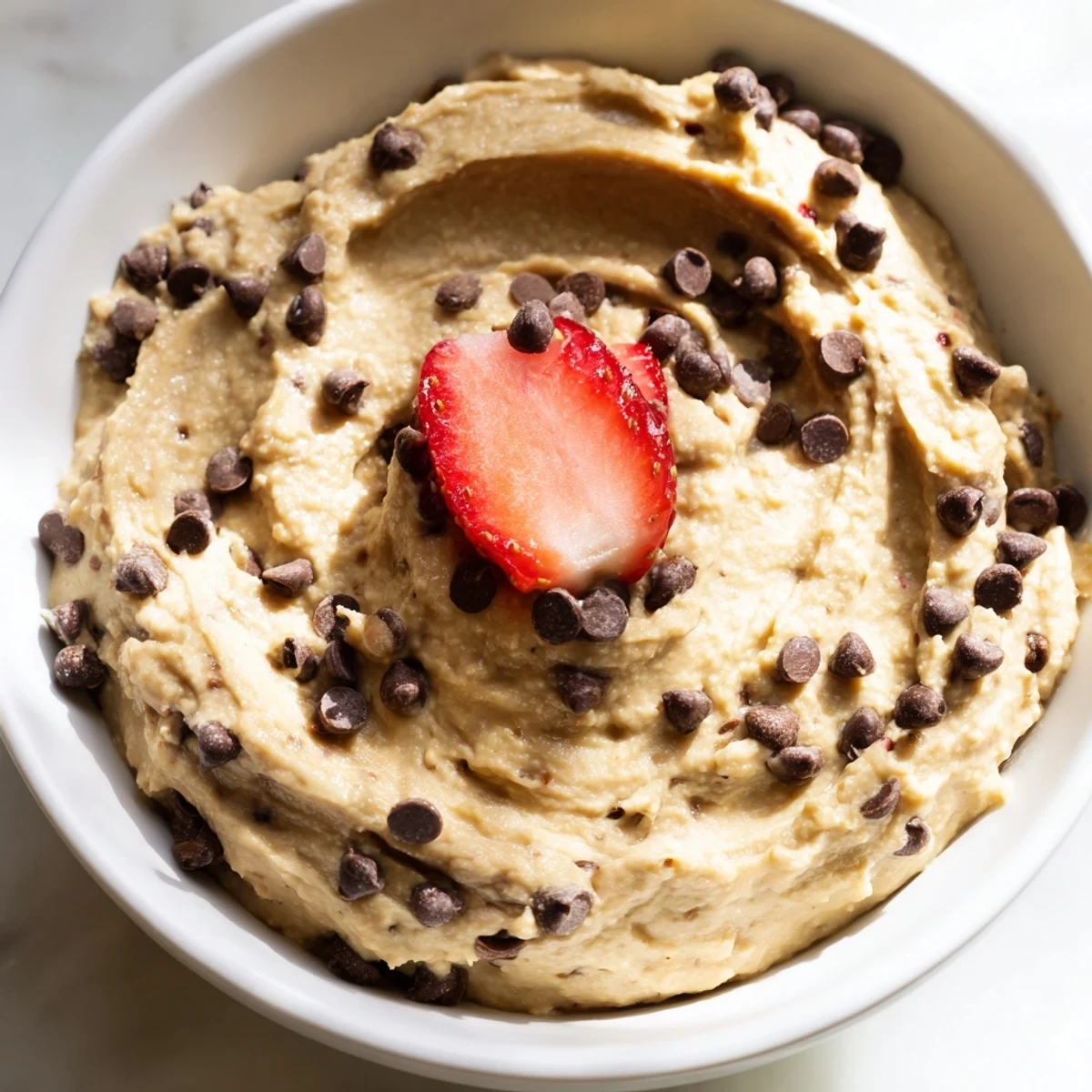 Small bowl of Chocolate Chip Cookie Dough Hummus with banana chunks and grapes for dipping.
