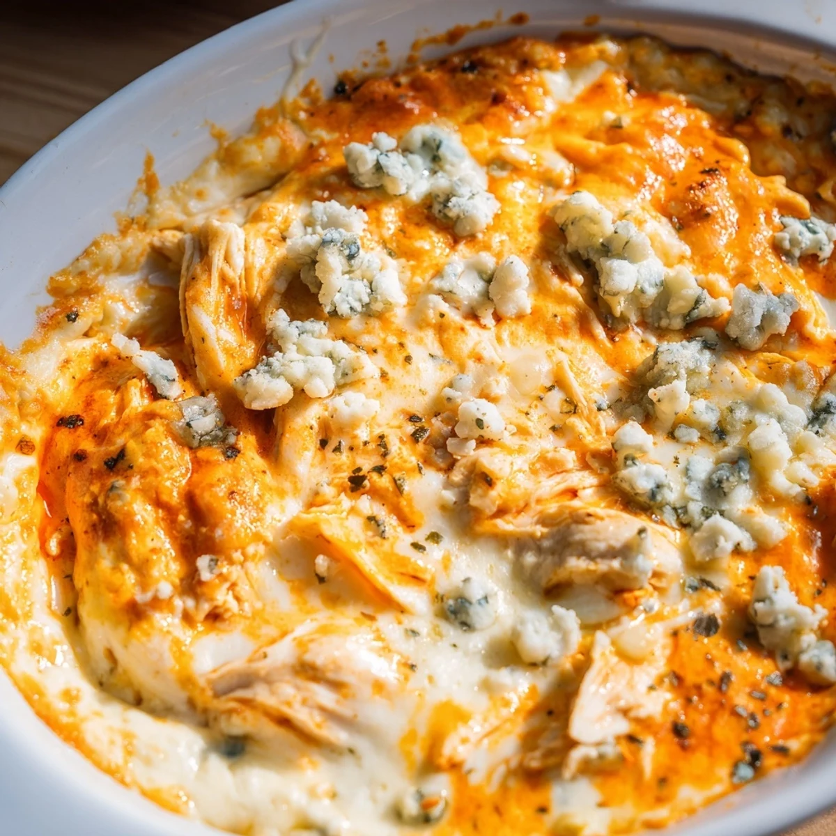 Golden bubbly Spicy Buffalo Chicken Dip in a white baking dish, served with crisp celery sticks for dipping.  