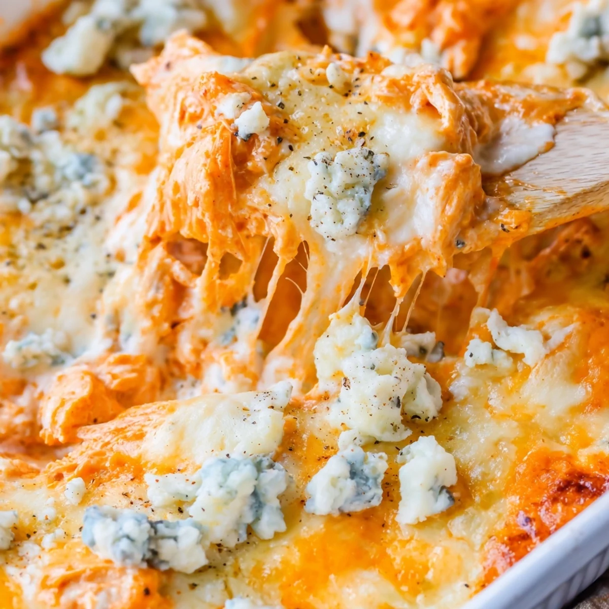 Creamy Spicy Buffalo Chicken Dip scooped onto a celery stick, perfect for game day appetizers and parties.