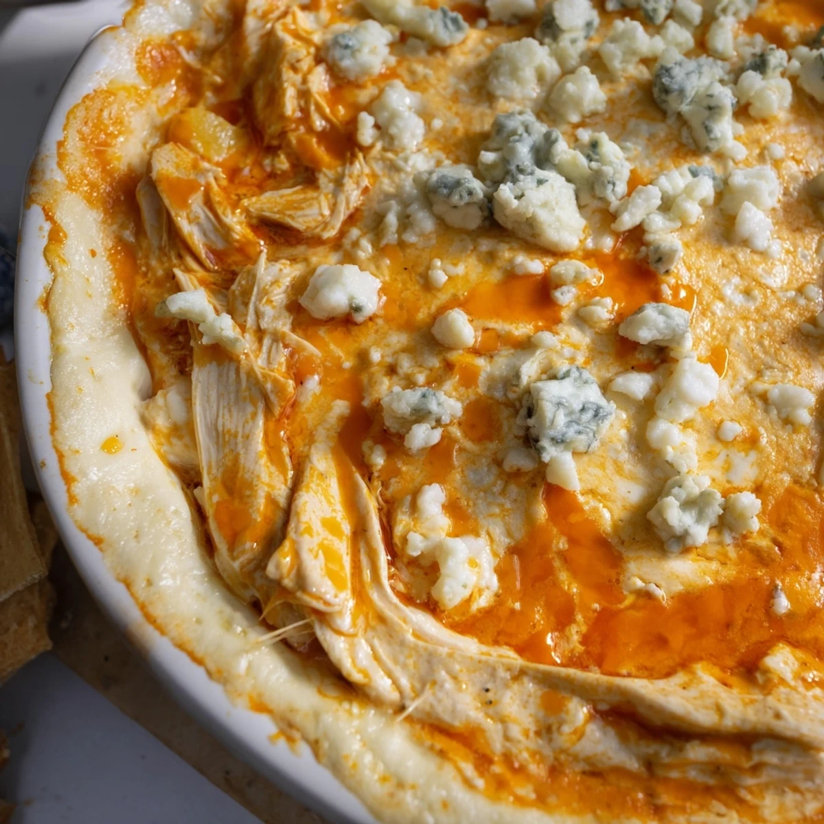 Freshly baked Spicy Buffalo Chicken Dip topped with melted cheese and ranch, paired with bright green celery sticks.  
