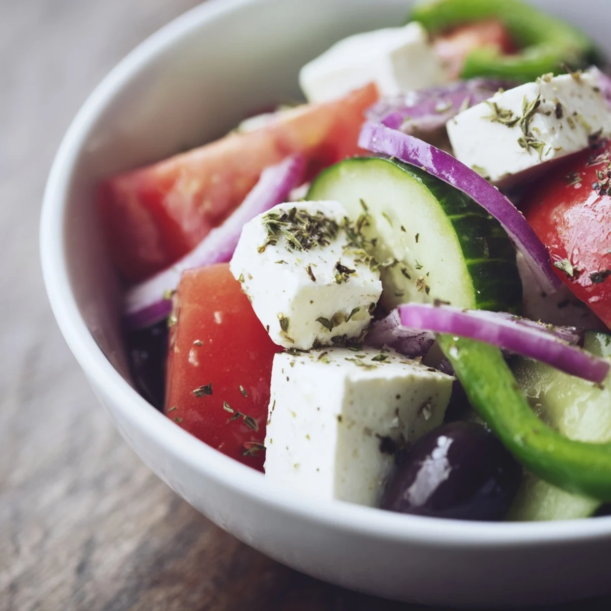 Fresh diced tomatoes, cucumbers, and red onion in a Greek Salad with Kalamata Olives and Feta Cheese, drizzled with zesty olive oil dressing.