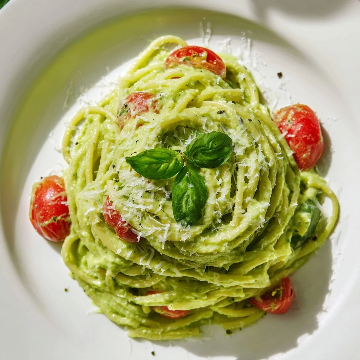 A vibrant bowl of Creamy Avocado Lime Pasta with Cherry Tomatoes served with crusty bread on a wooden table.