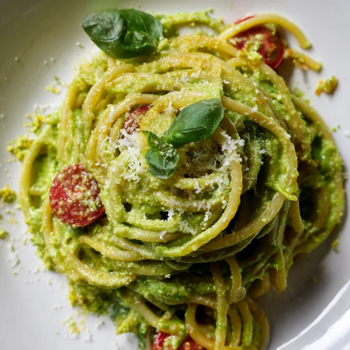 Close-up of Creamy Avocado Lime Pasta with Cherry Tomatoes highlighting the rich green sauce and halved tomatoes.