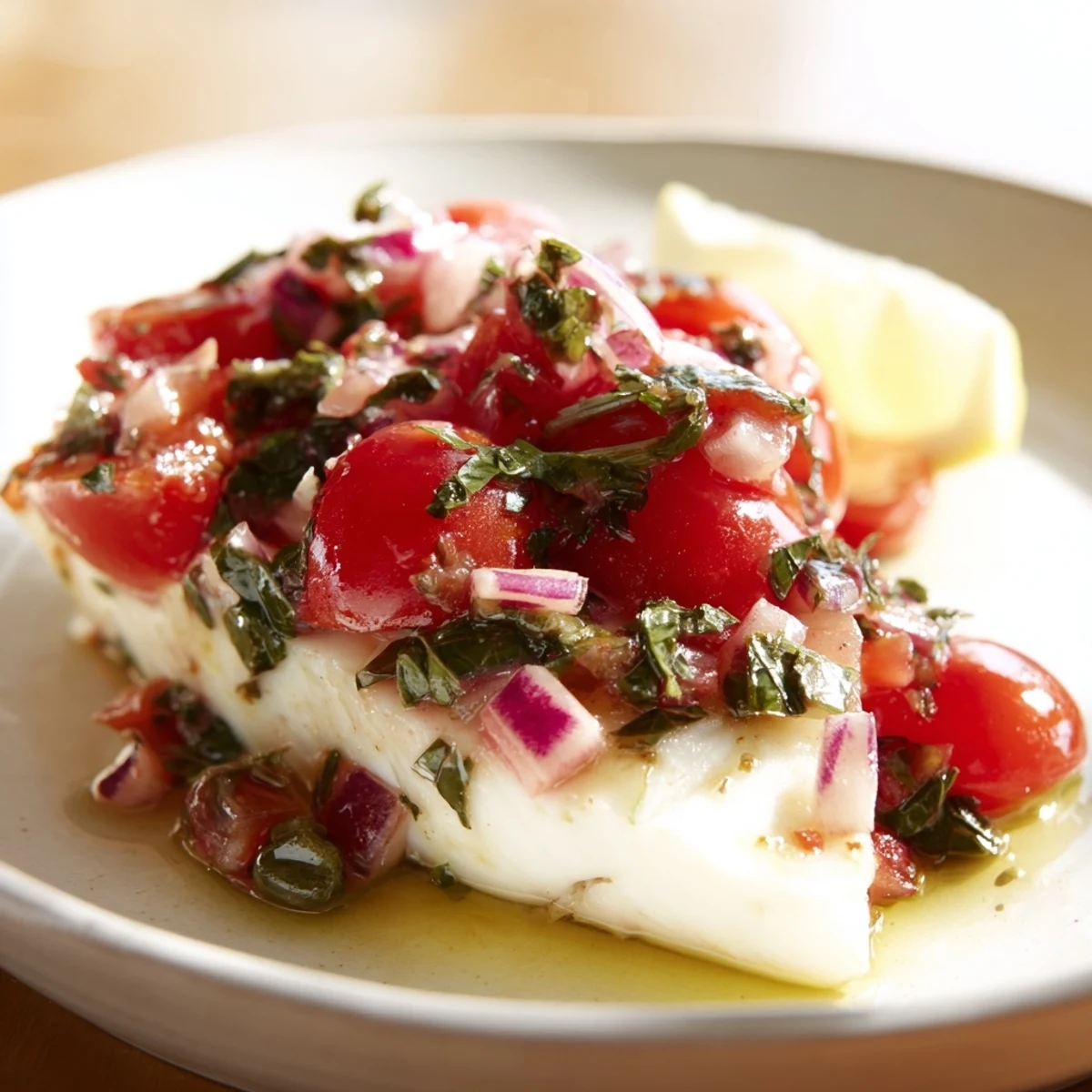 Succulent Baked Halibut with Tomato and Basil Relish is garnished with fresh basil and lemon slices.