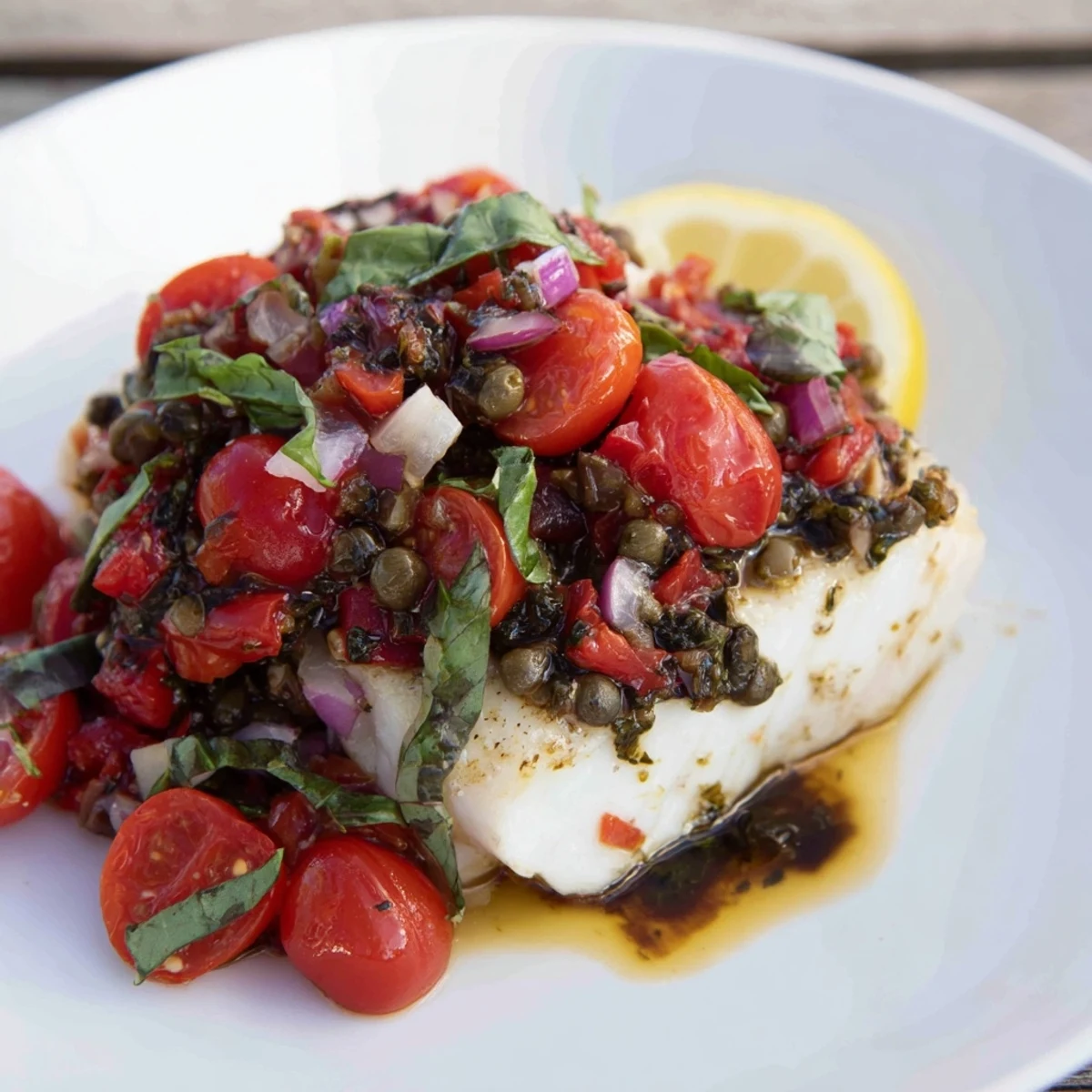 Golden-brown baked halibut fillets are topped with a vibrant tomato and basil relish on a white plate.