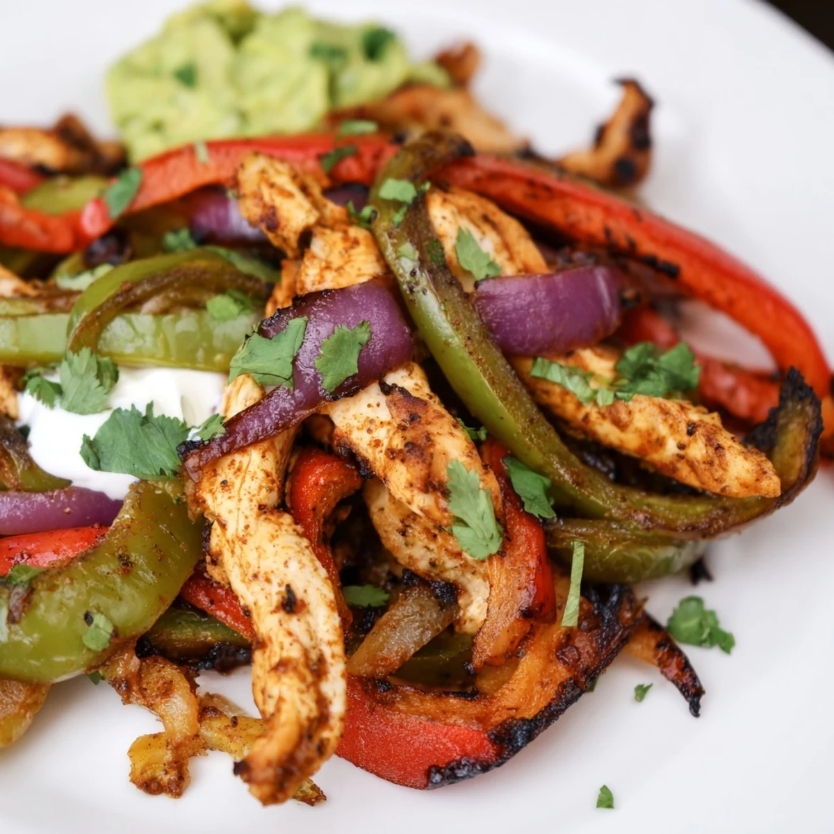 Golden-brown Sheet Pan Chicken Fajitas with Onions and Peppers roasted alongside warm corn tortillas.