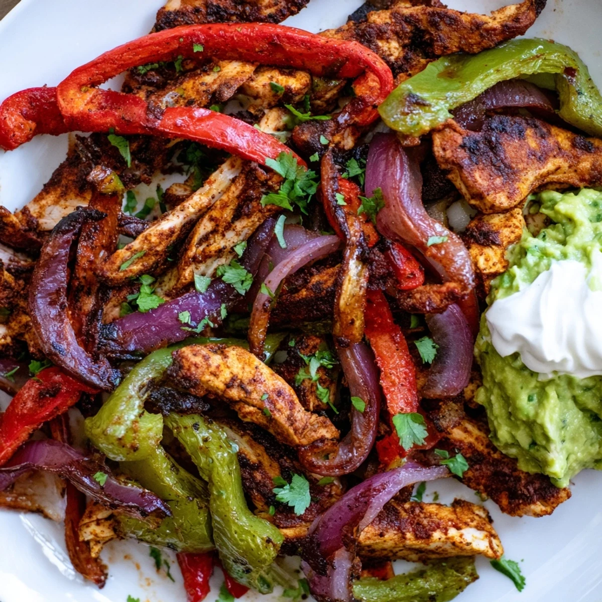 Freshly chopped cilantro and lime wedges garnish these flavorful Sheet Pan Chicken Fajitas with Onions and Peppers.