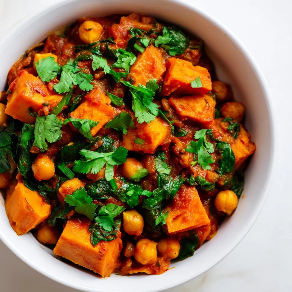 A vibrant pot of Vegan Sweet Potato Curry with Spinach and Chickpeas simmering with tender sweet potatoes and hearty chickpeas.