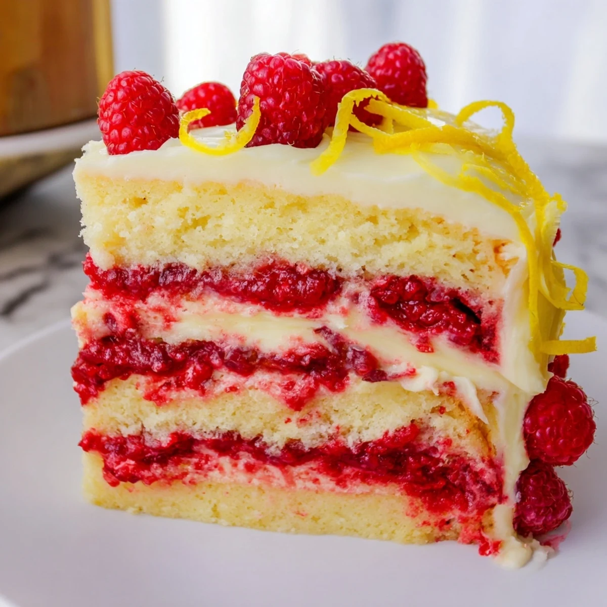 Lemon Raspberry Layer Cake topped with fresh berries and zest curls beside a glass of Prosecco.