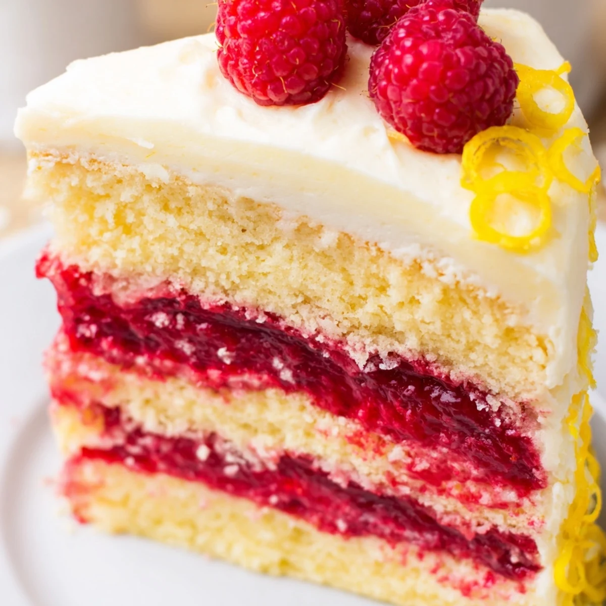 Moist Lemon Raspberry Layer Cake layers with vibrant raspberry filling and lemon buttercream frosting.
