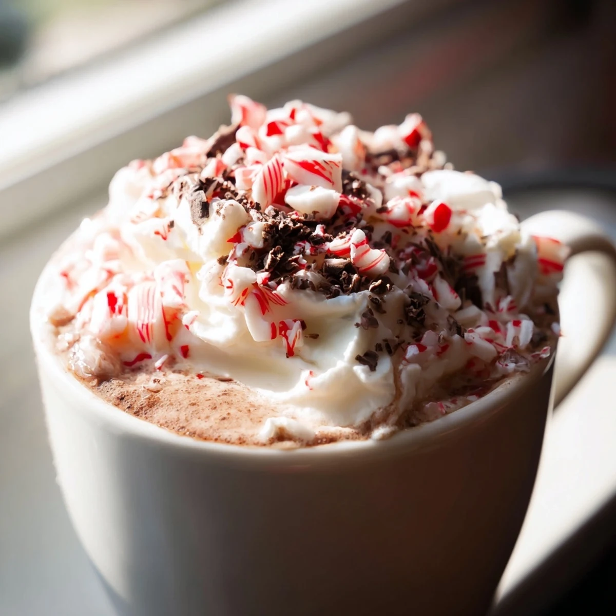 A close-up of creamy Peppermint Mocha Hot Chocolate with chocolate shavings and a candy cane garnish near a snowy window.