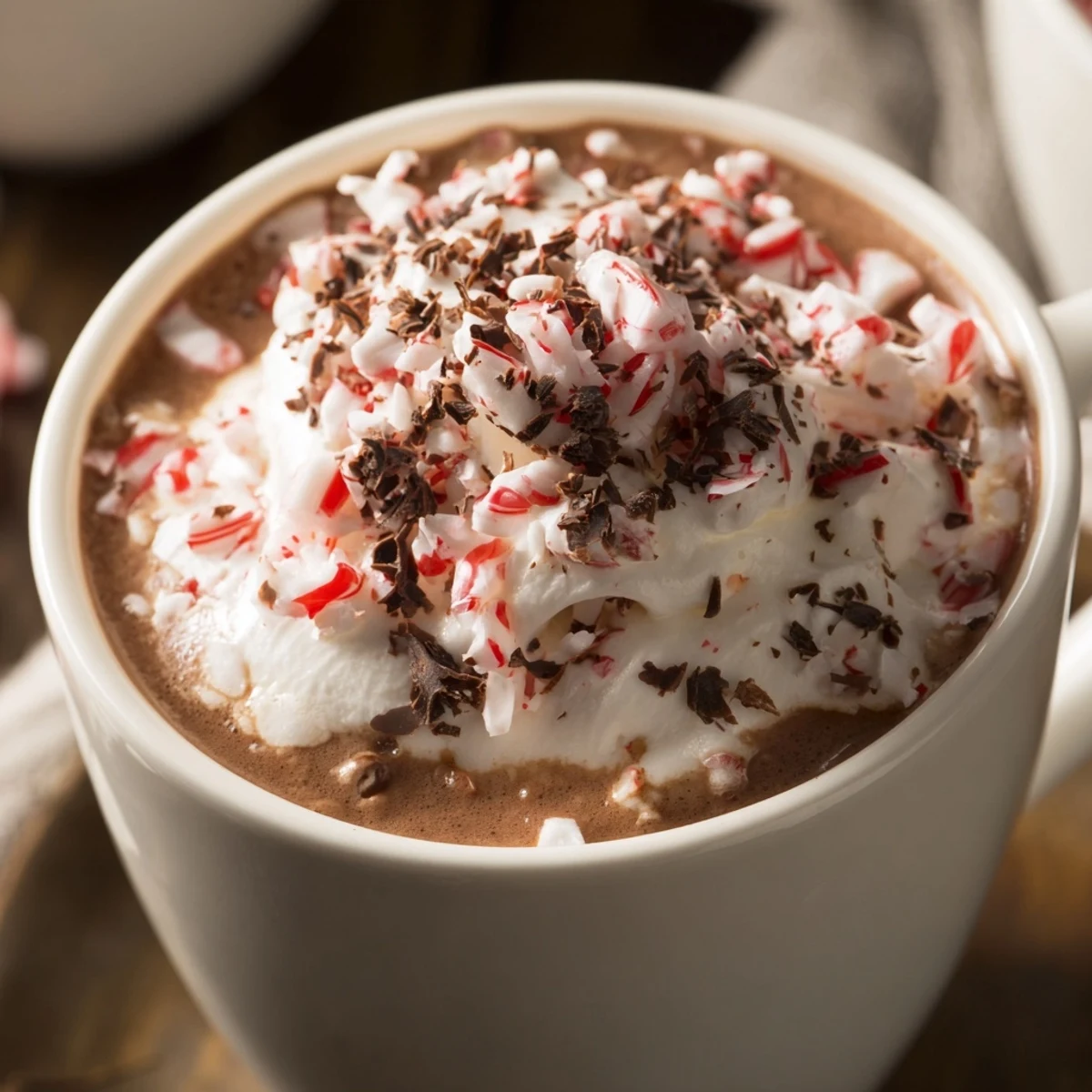 Steaming Peppermint Mocha Hot Chocolate in a festive red mug topped with whipped cream and crushed candy canes.