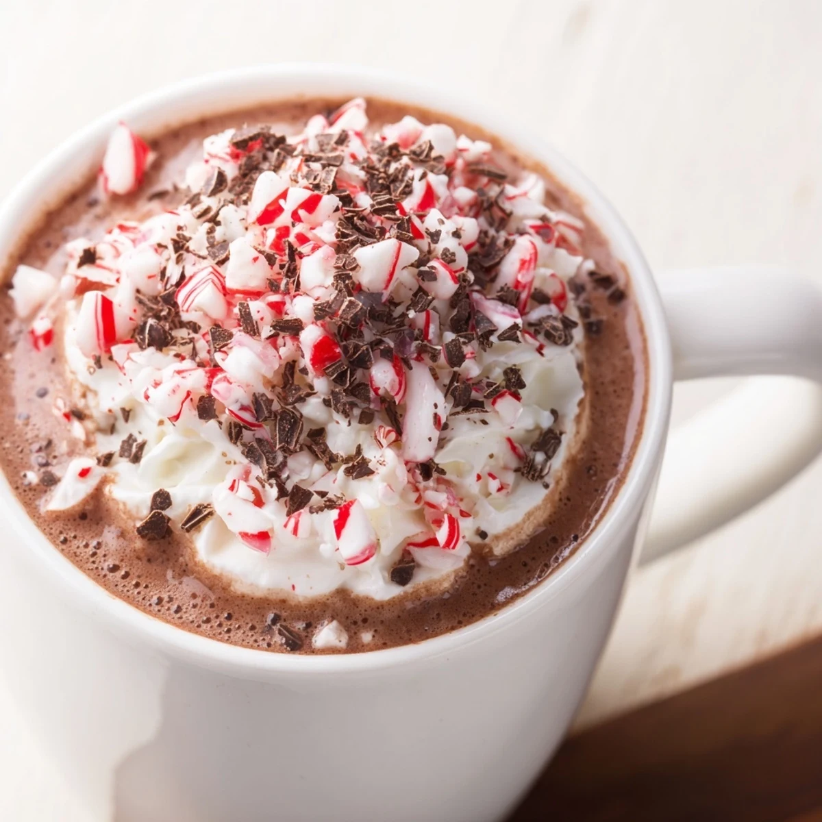 Homemade Peppermint Mocha Hot Chocolate topped with whipped cream and peppermint candies beside holiday decor for a cozy treat.