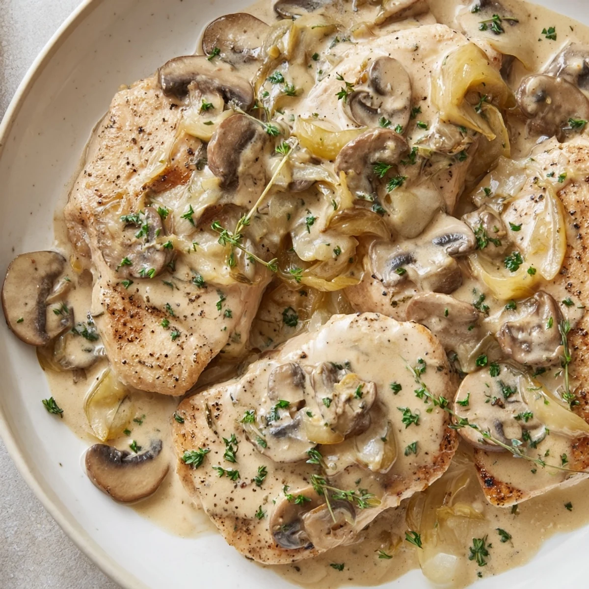 Up close view of creamy garlic mushroom chicken breasts in a skillet, with rich sauce bubbling and thyme sprinkled on top.