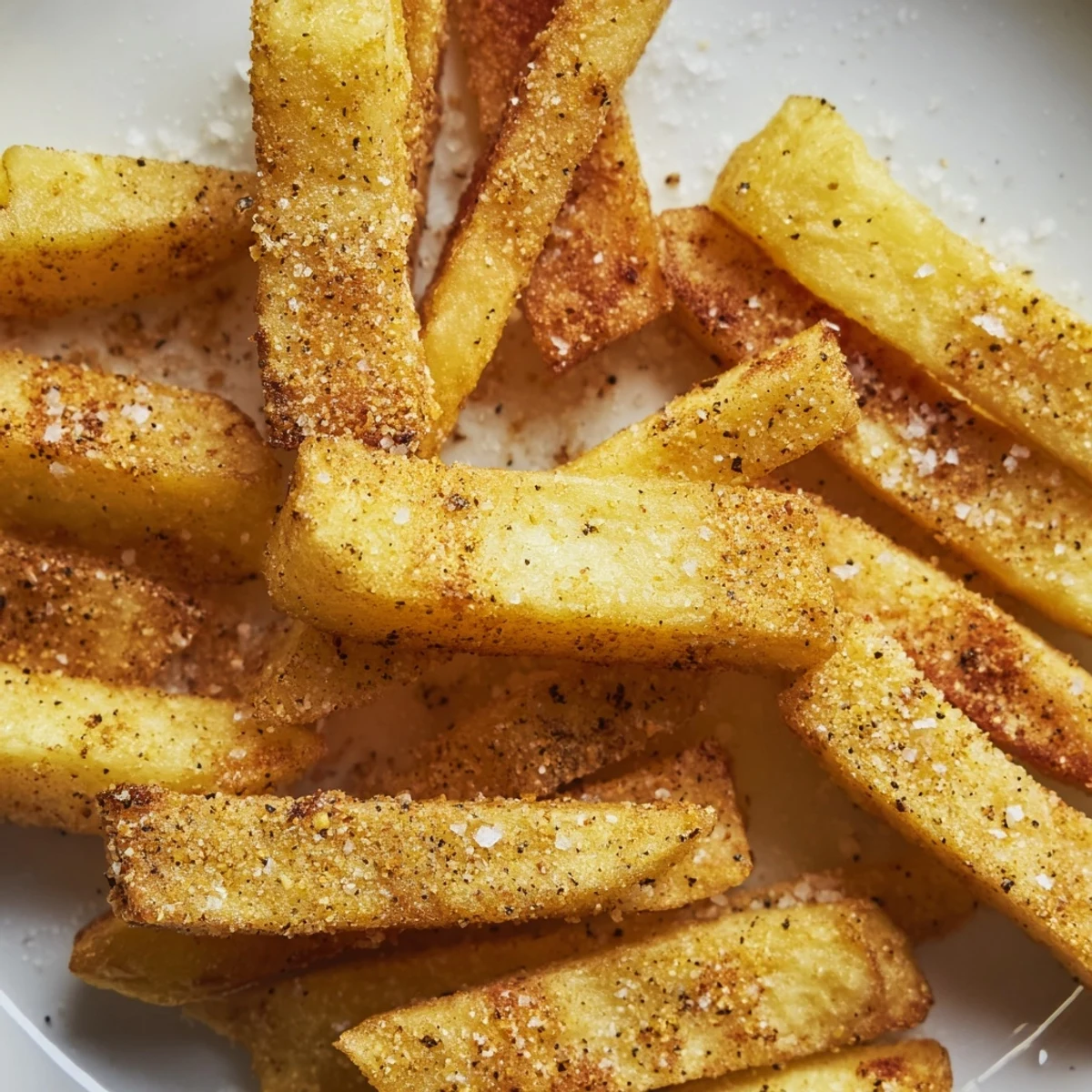 Crispy Oven Baked Fries with Sea Salt piled high on a platter, golden brown with crunchy edges and flaky salt crystals glistening.